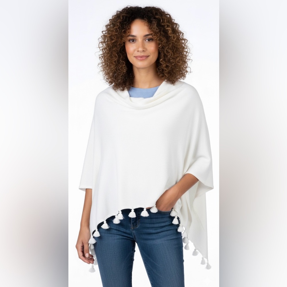 Caroline Grace Cotton Cashmere Tassel Trim White/Off WhiteTopper One Size